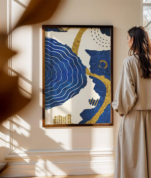 Abstract blue and gold textured artwork with wave patterns