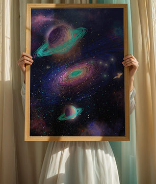 Colorful space illustration with planets and galaxy