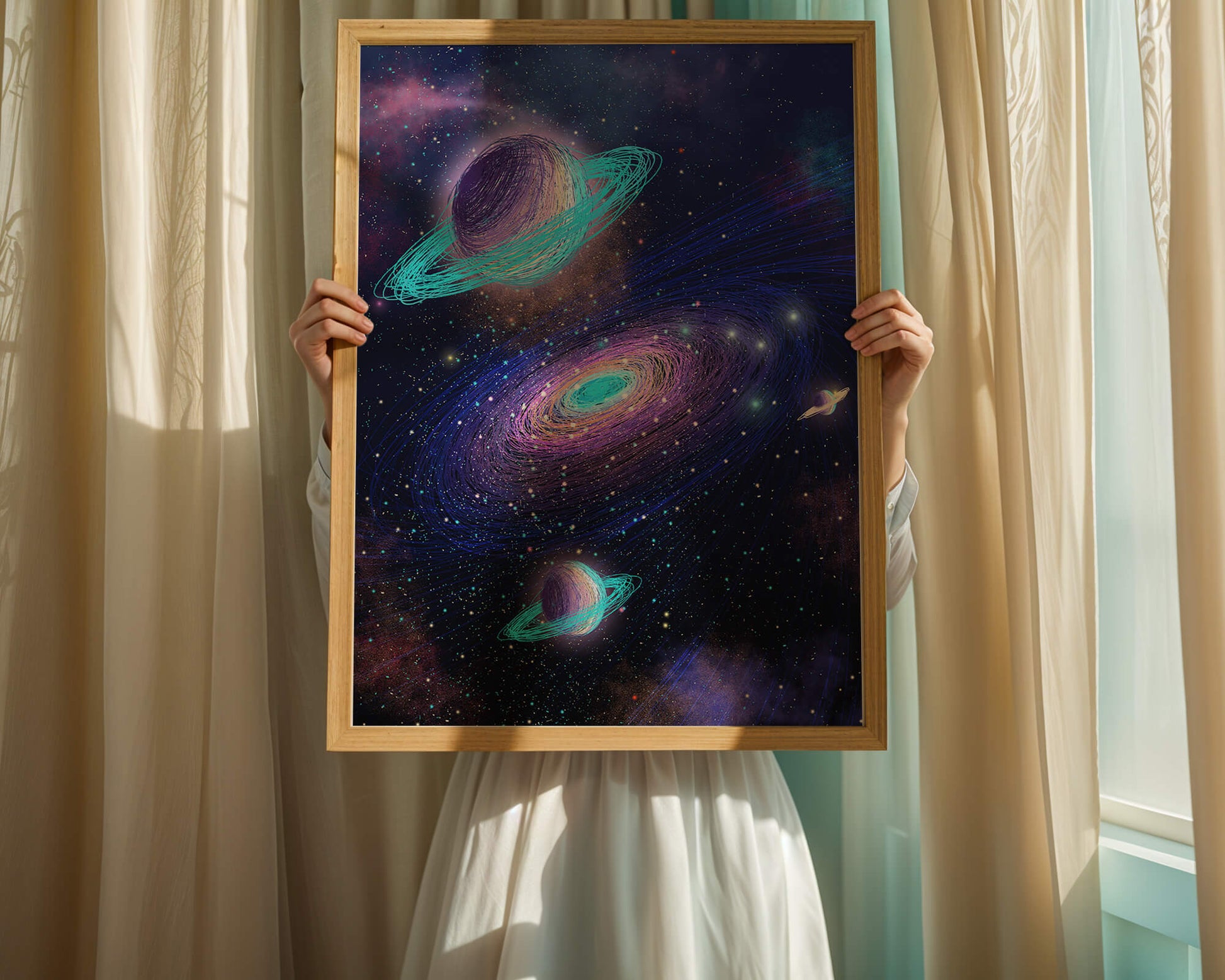 Colorful space illustration with planets and galaxy