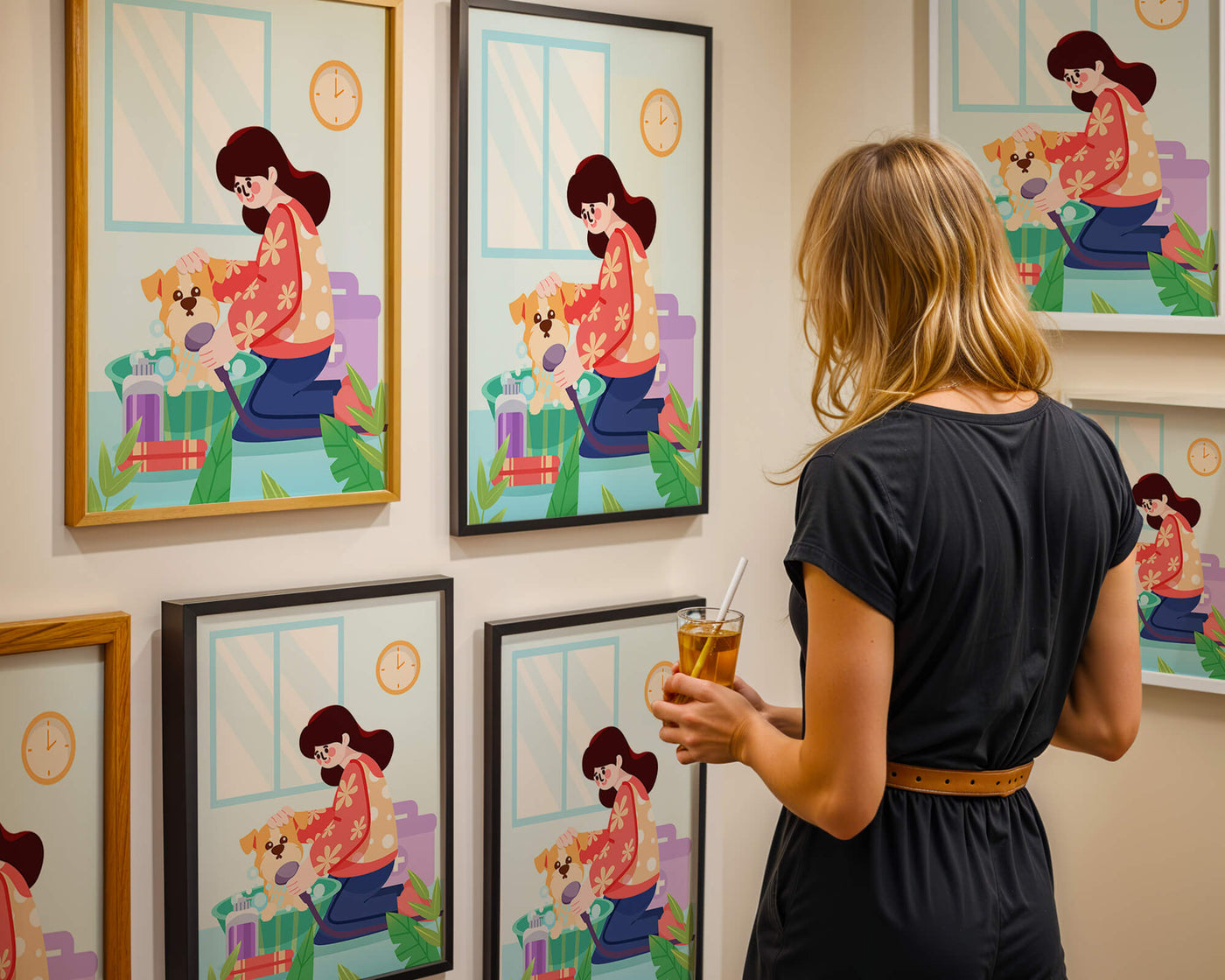 Woman giving a bath to a dog in a colorful bathroom setting