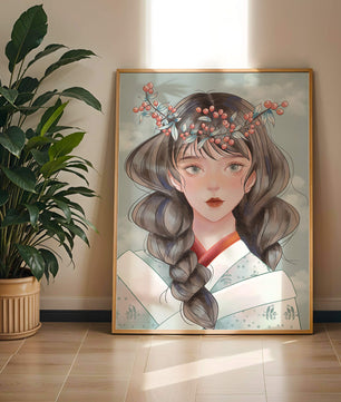 Illustration d'une jeune femme avec une coiffe florale sur fond de ciel nuageux