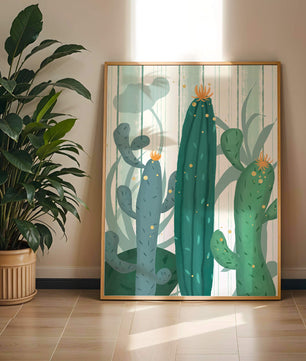 Colorful Cacti with Golden Elements on a Textured Background