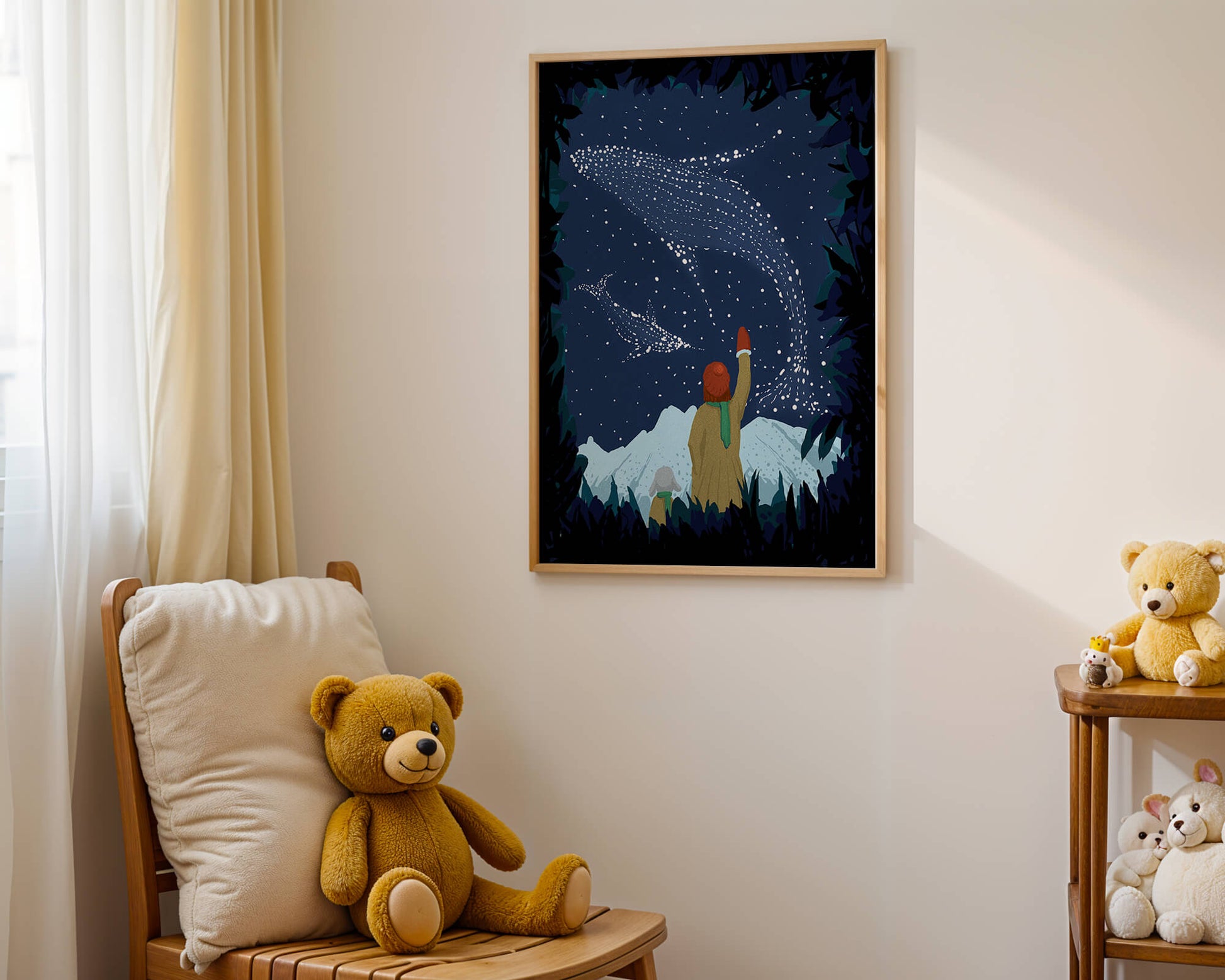 Starry night with whale constellations and mountain scenery
