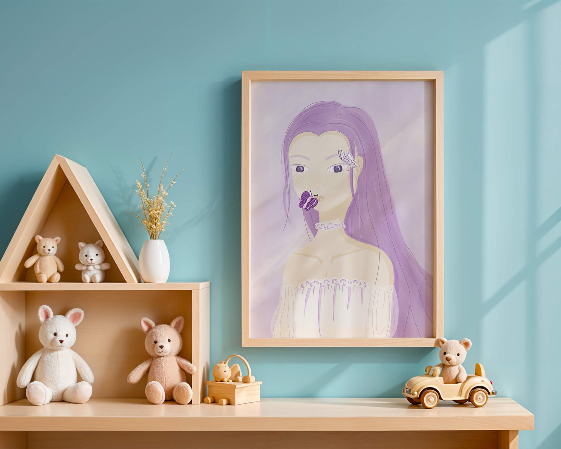 Illustration of a woman with purple hair and butterflies