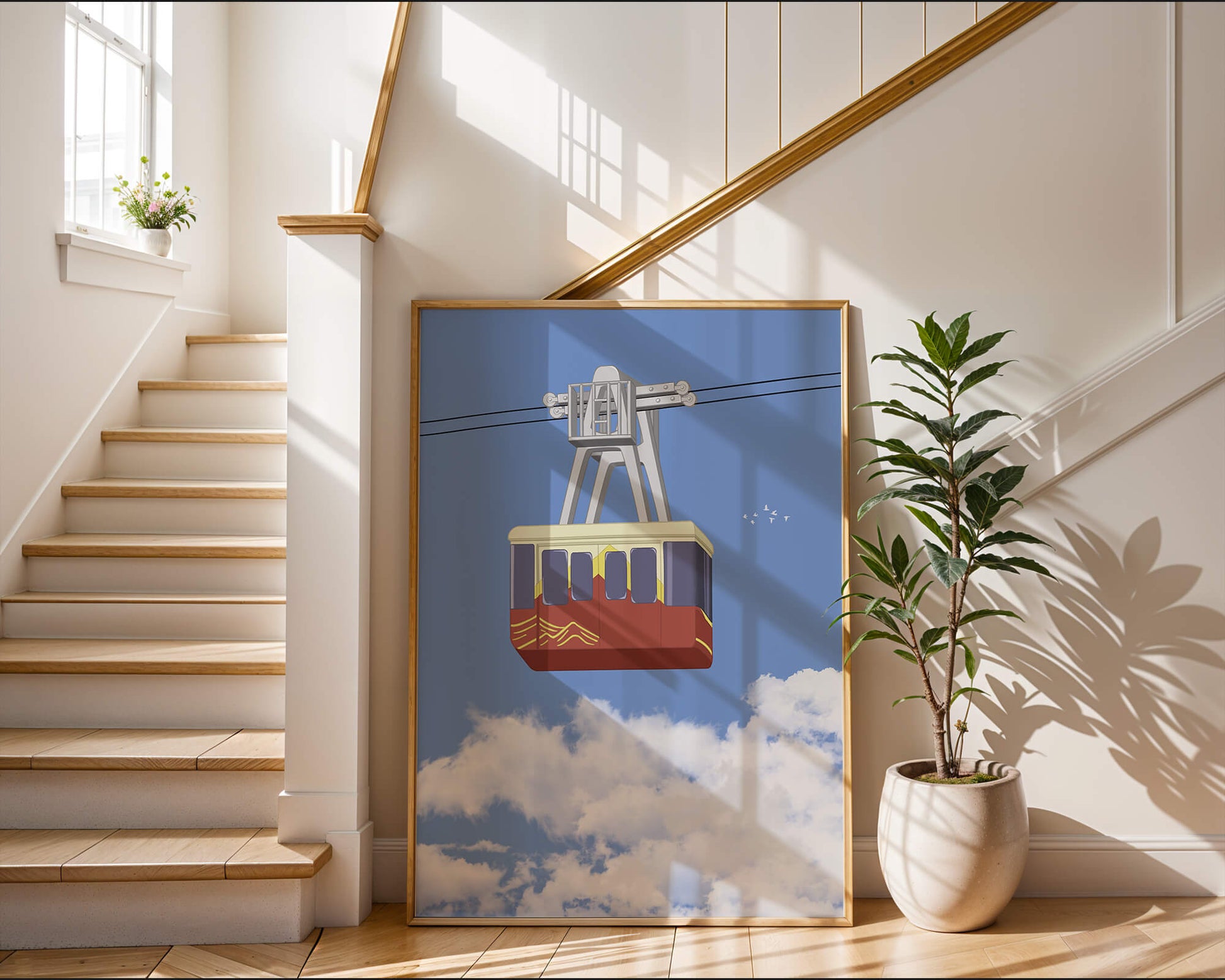 Colorful cable car against a clear blue sky