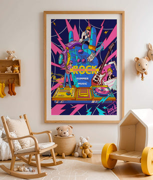 Ilustración temática vibrante de música rock con instrumentos y artistas