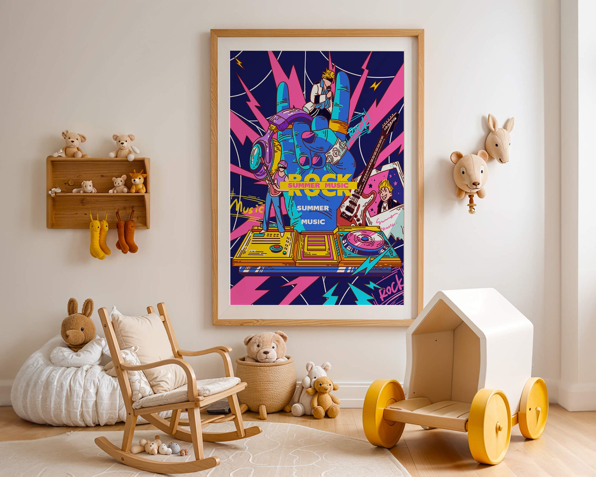 Ilustración temática vibrante de música rock con instrumentos y artistas