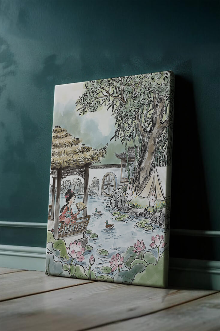 Escena tranquila de jardín con mujer, patos y conejos en un entorno tradicional