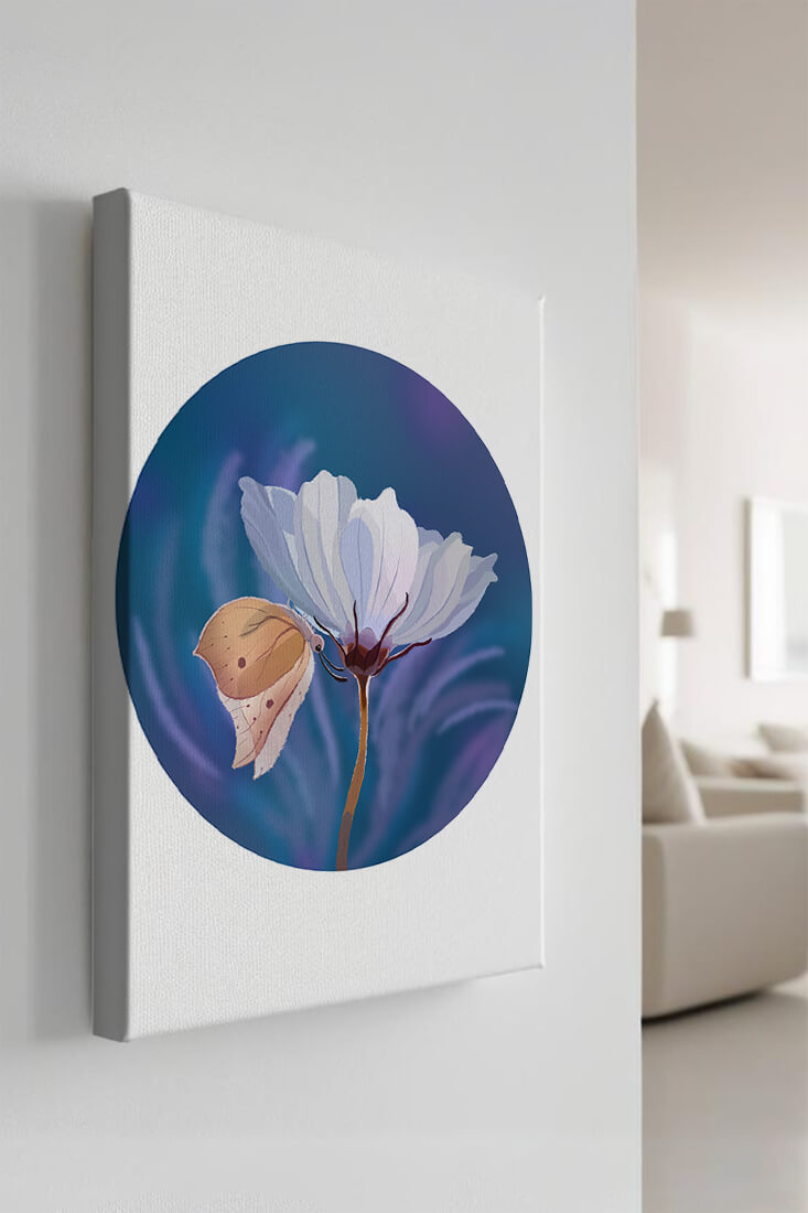 Delicate butterfly resting on a white flower in a serene blue background