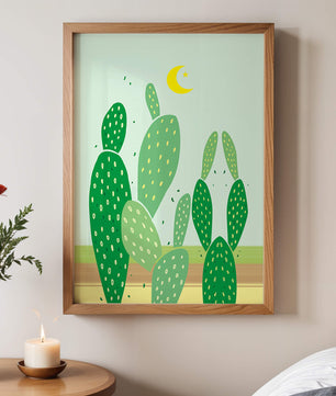 Desert cactus illustration with crescent moon