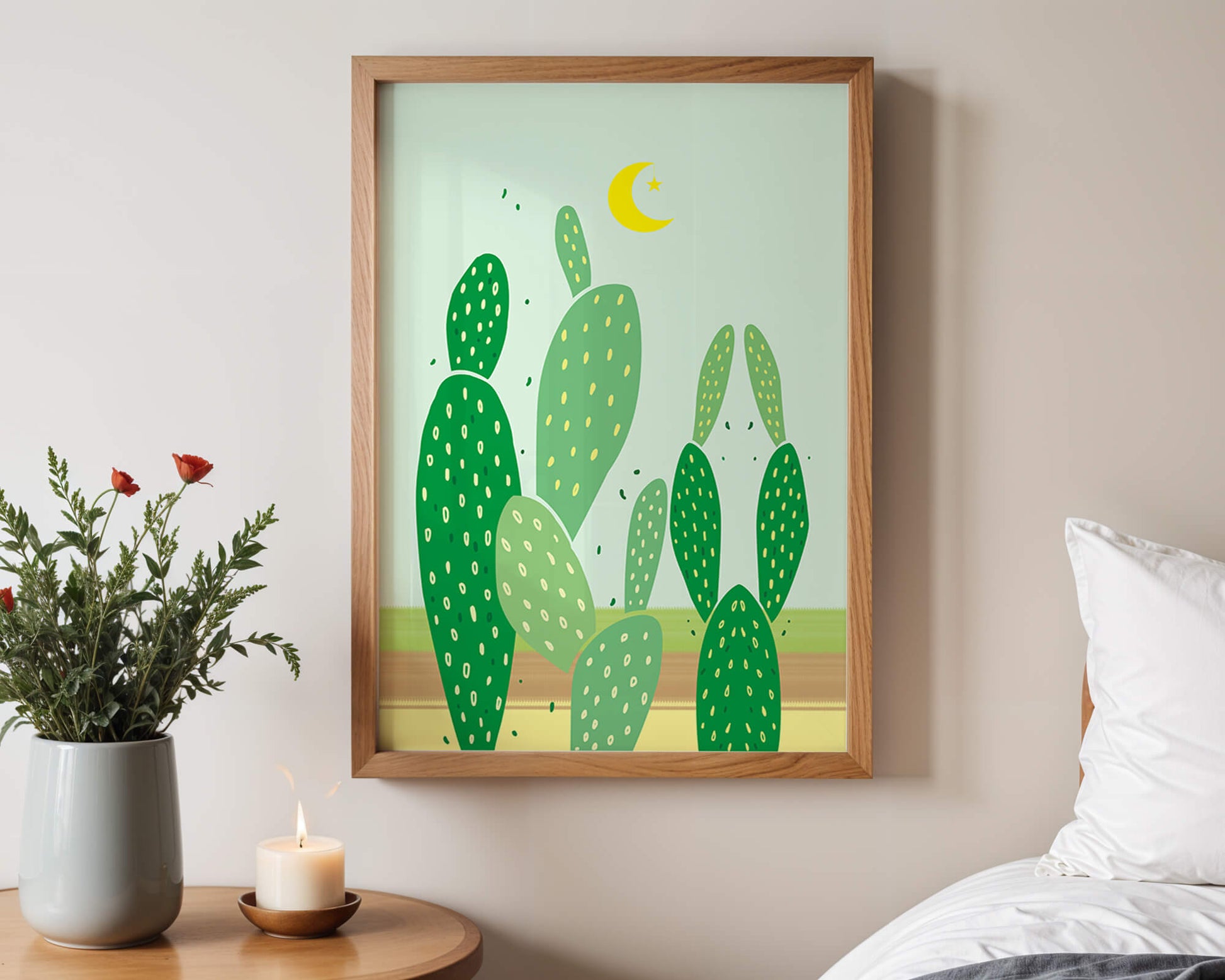 Desert cactus illustration with crescent moon