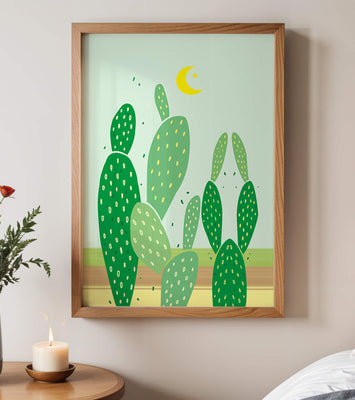 Desert cactus illustration with crescent moon