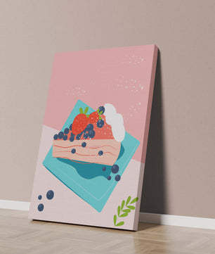 Bunte Dessertillustration mit Erdbeeren und Blaubeeren auf pastellfarbenem Hintergrund