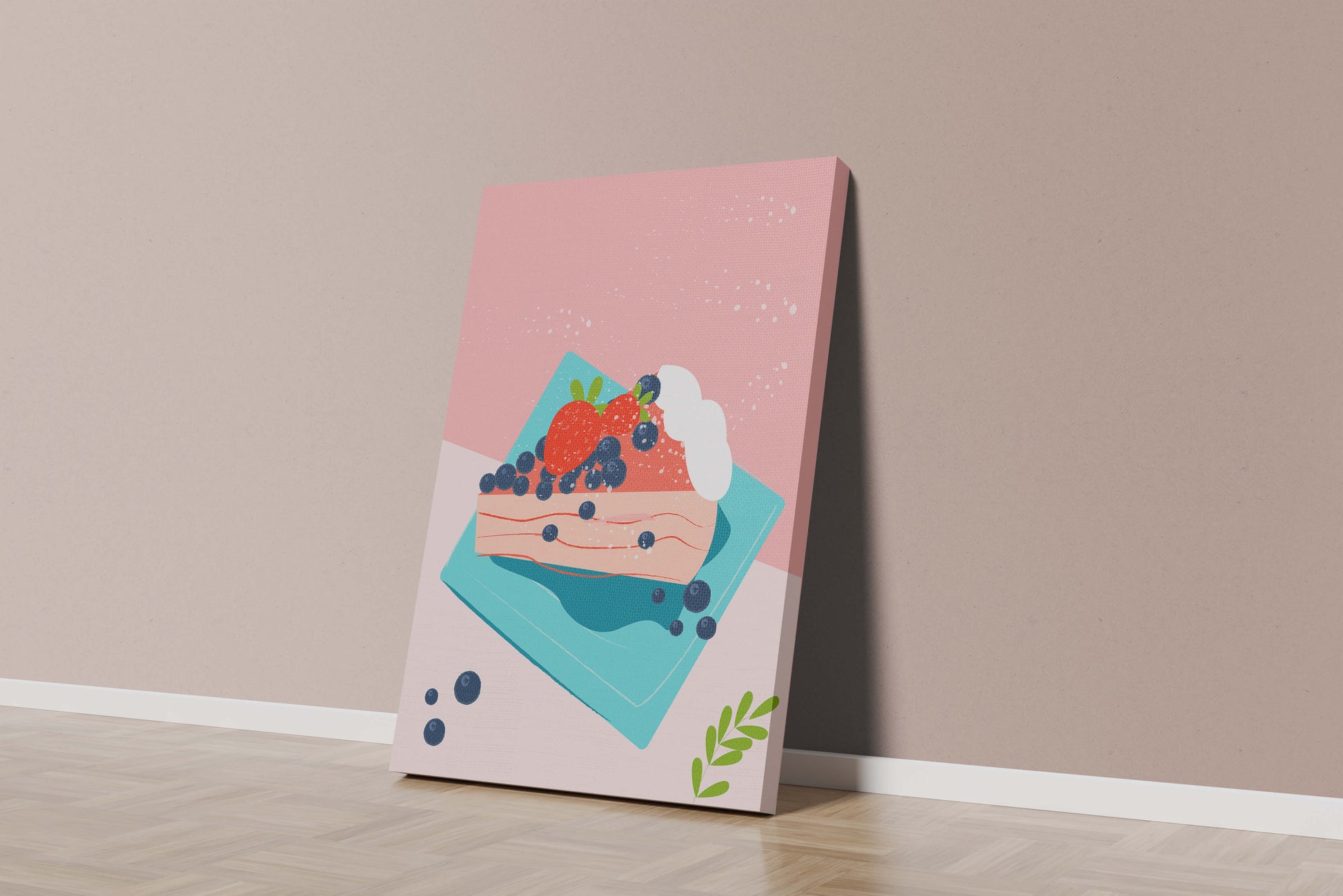 Bunte Dessertillustration mit Erdbeeren und Blaubeeren auf pastellfarbenem Hintergrund