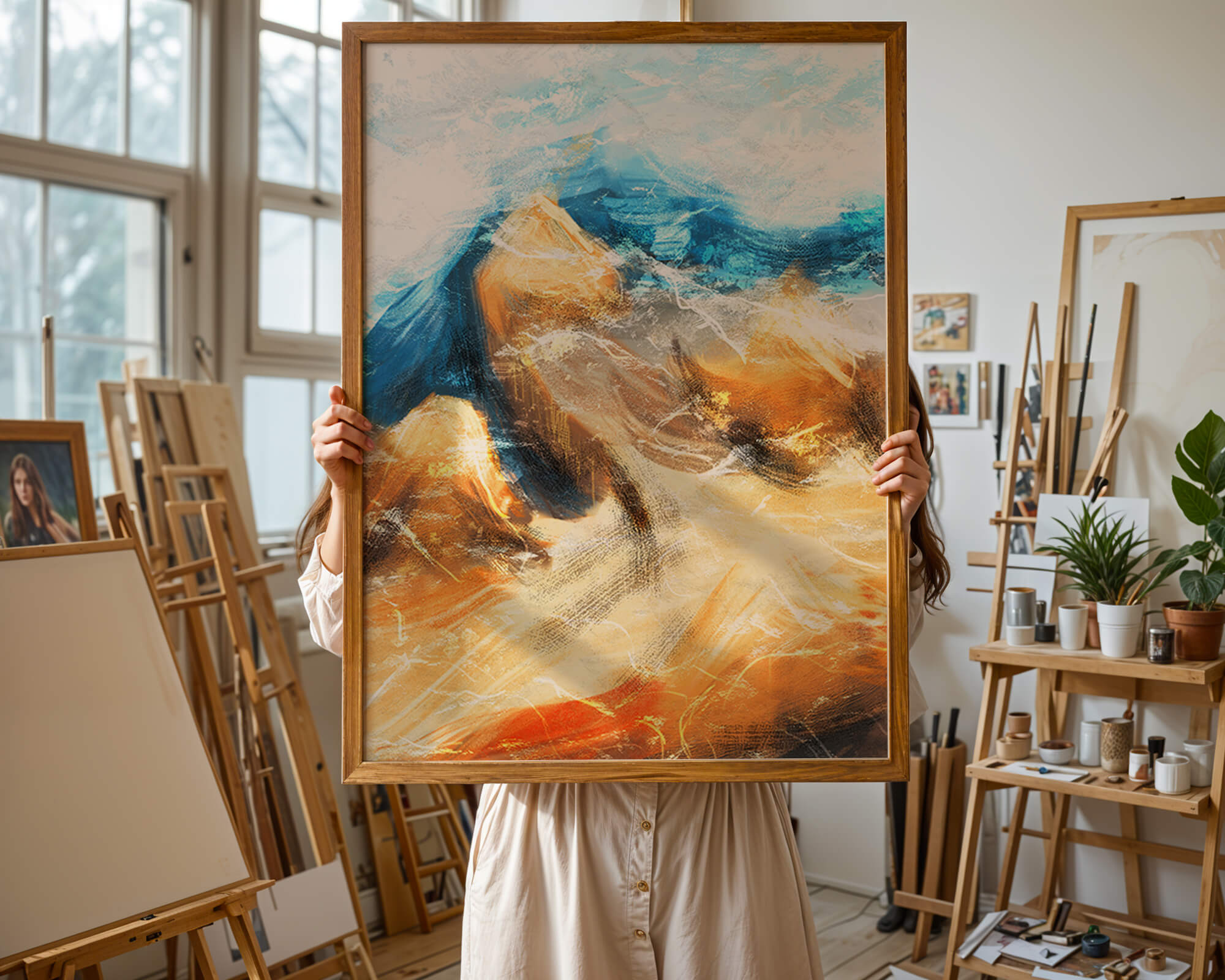 Abstract landscape with blue and golden hues