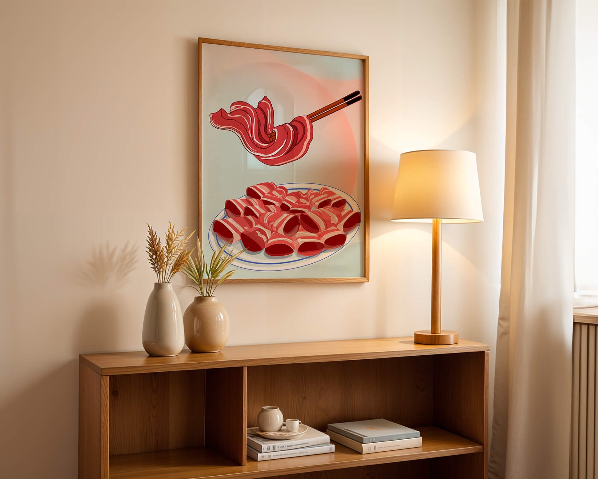Delicious raw meat slices on plate with chopsticks in background