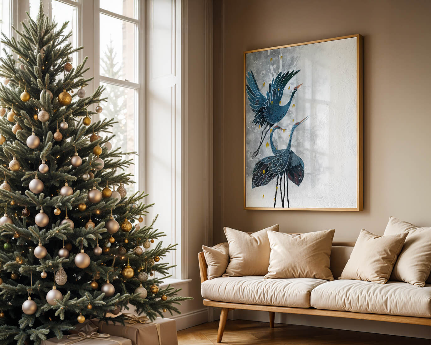 Elegante blaue Kraniche vor einem ruhigen abstrakten Hintergrund mit goldenen Akzenten