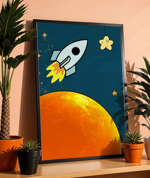 Cartoon Rocket in Space with Yellow Star - Mi tienda