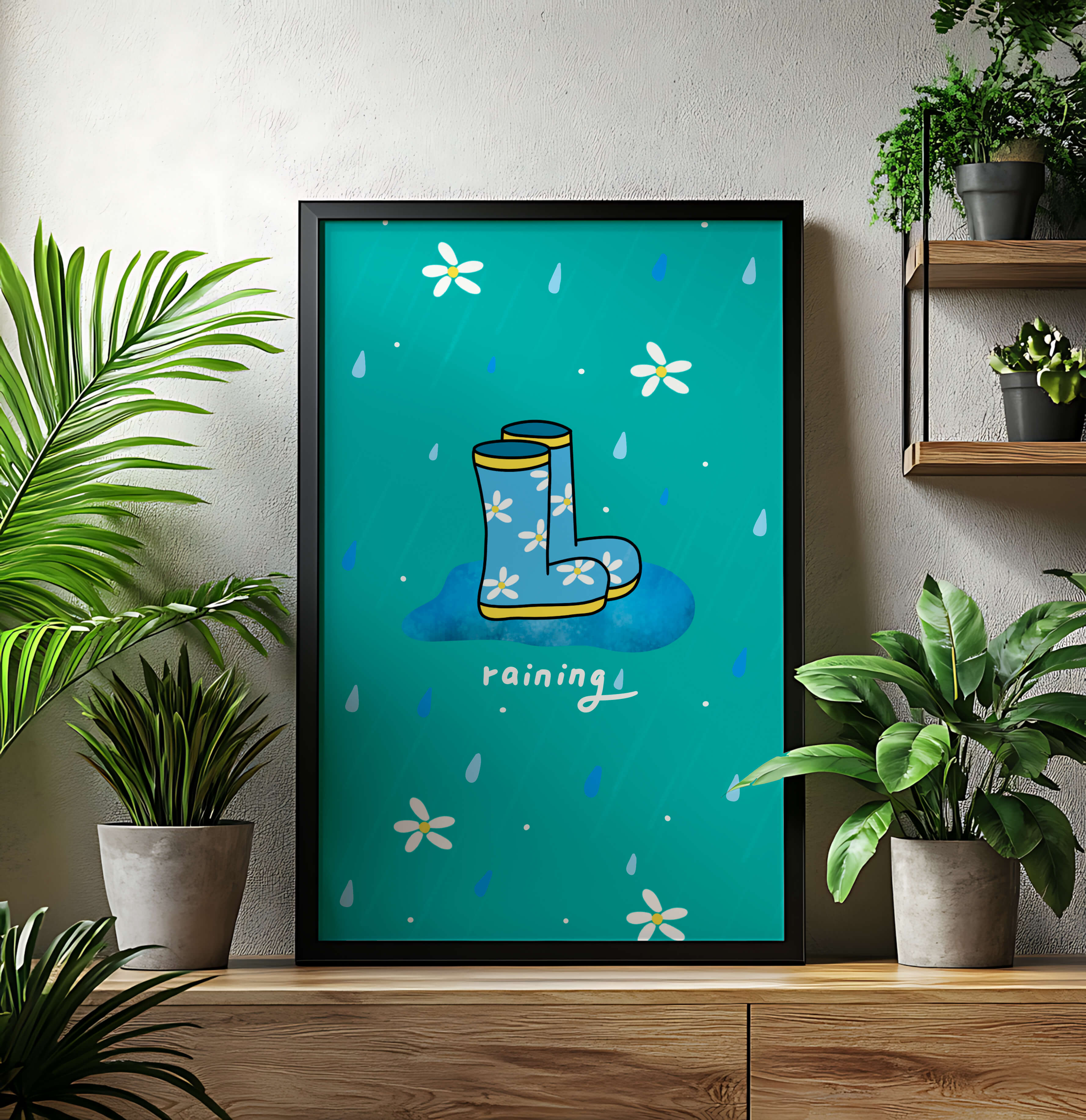 Colorful rain boots with floral pattern on a rainy background