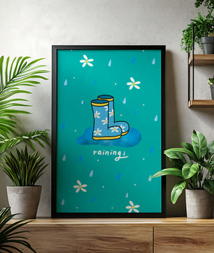 Colorful rain boots with floral pattern on a rainy background
