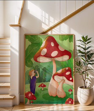 Playful illustration of a child with oversized mushrooms in a whimsical forest setting