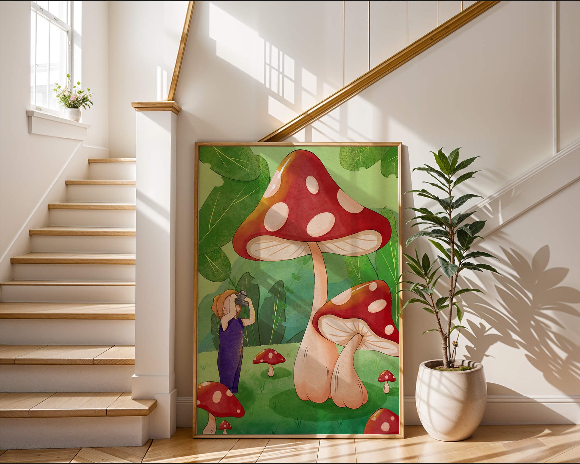 Playful illustration of a child with oversized mushrooms in a whimsical forest setting