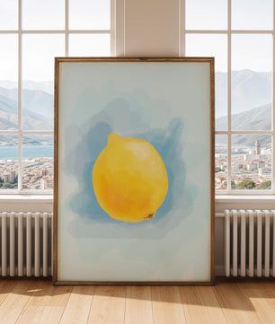 Obra de arte en acuarela de un limón sobre un fondo azul