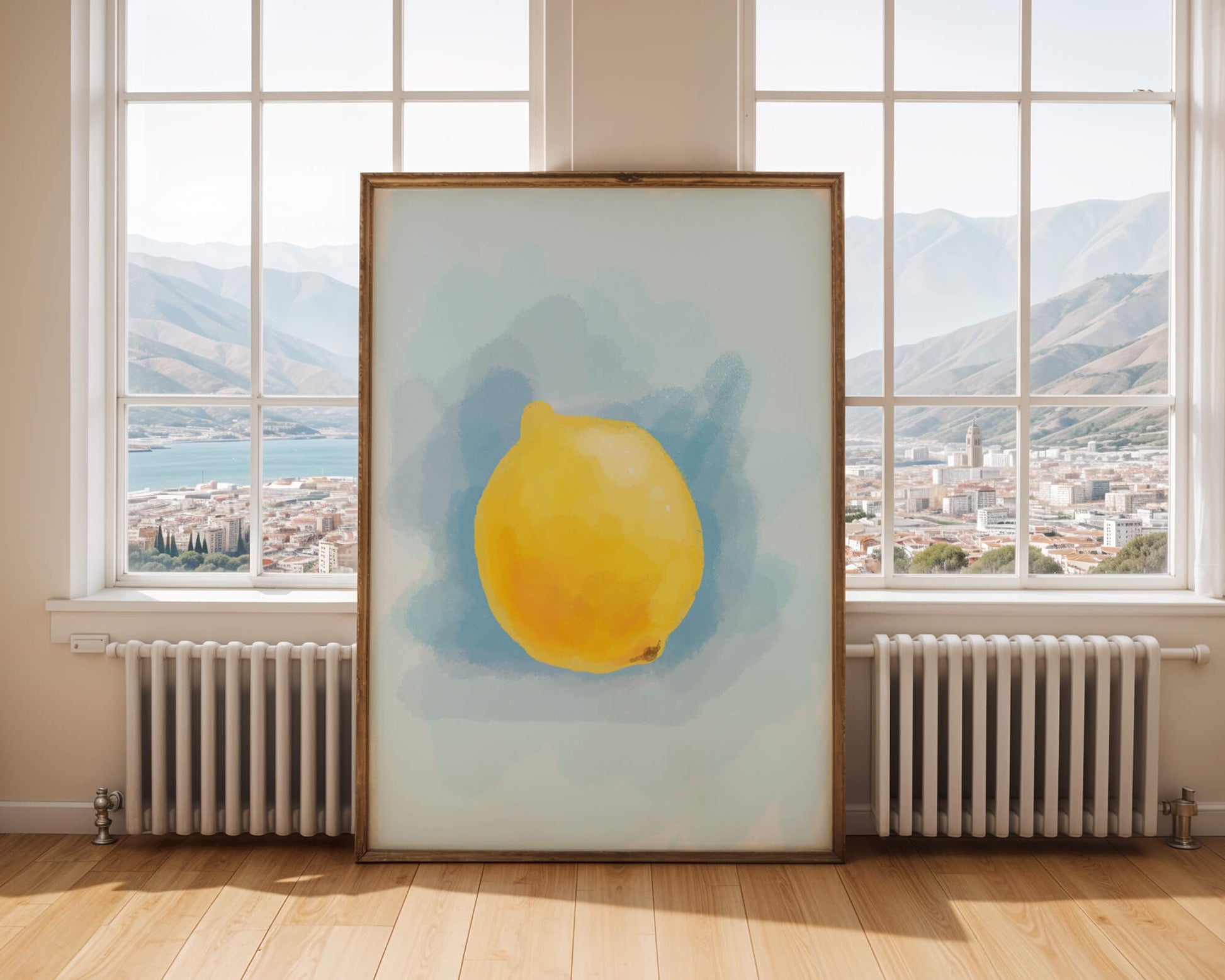 Watercolor artwork of a lemon on a blue background