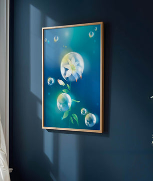 Zarte Blume in transparenten Blasen auf einem verträumten blauen Hintergrund