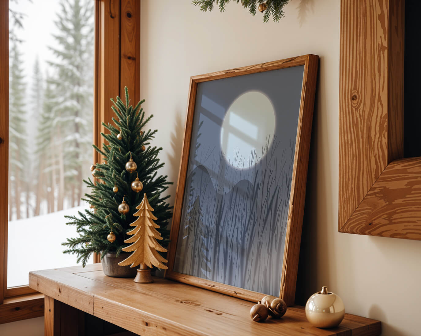 Ruhige Nachtlandschaft mit Vollmond und kahlen Bäumen
