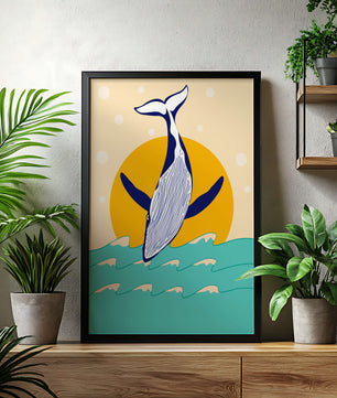 Ilustración de una ballena saltando sobre las olas con un fondo de sol