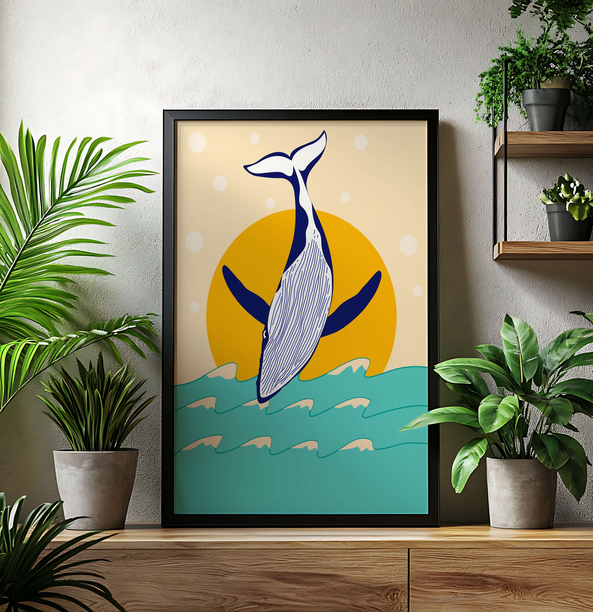 Illustration of a whale jumping over waves with sun backdrop