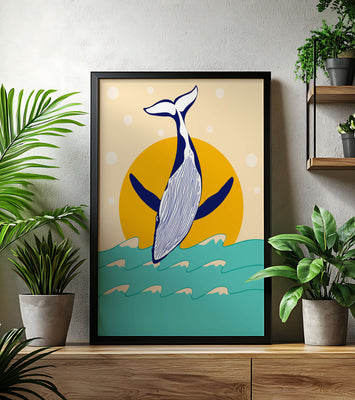 Illustration of a whale jumping over waves with sun backdrop