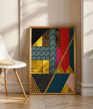 Geometric abstract design with vibrant colors and gold accents