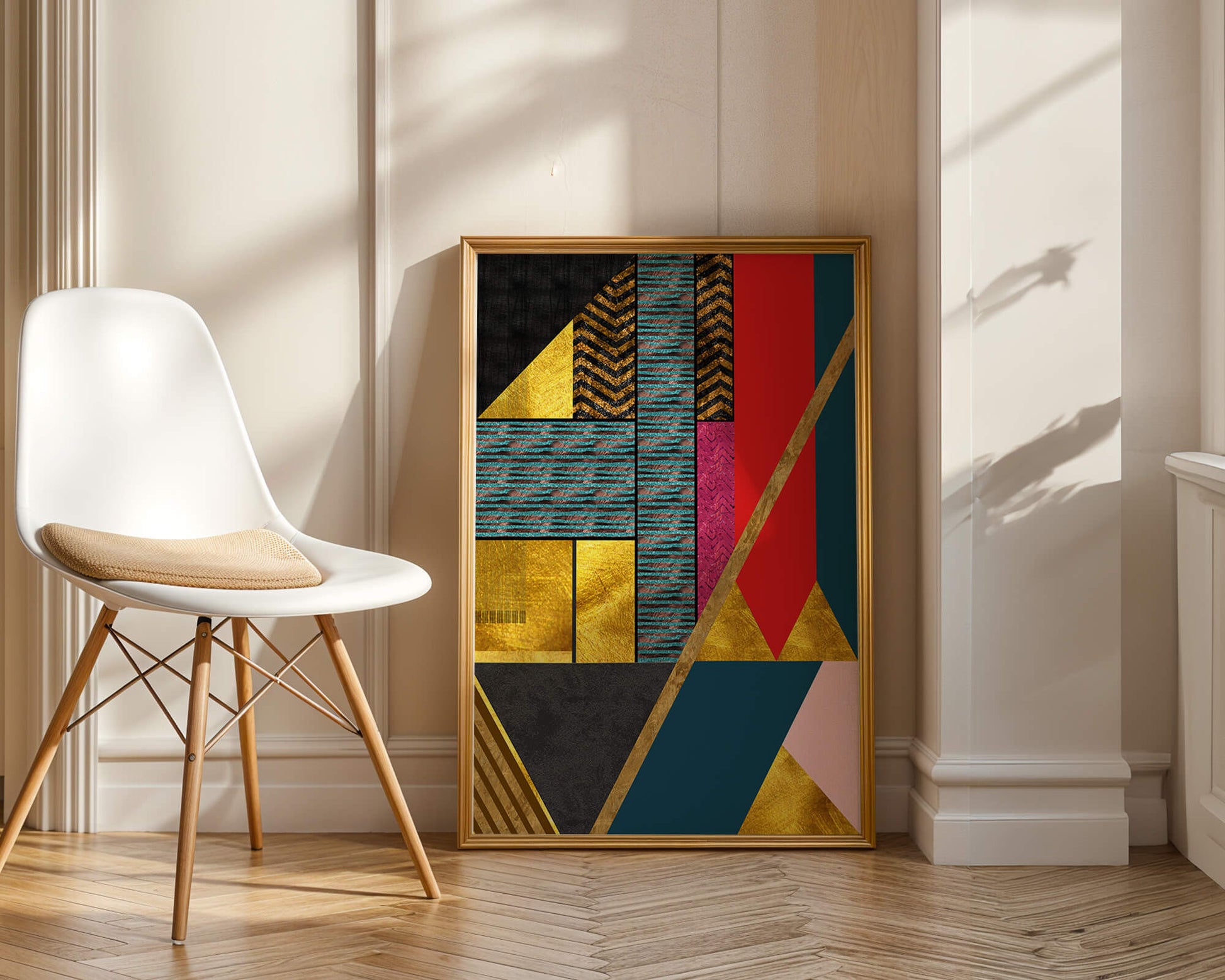 Geometric abstract design with vibrant colors and gold accents