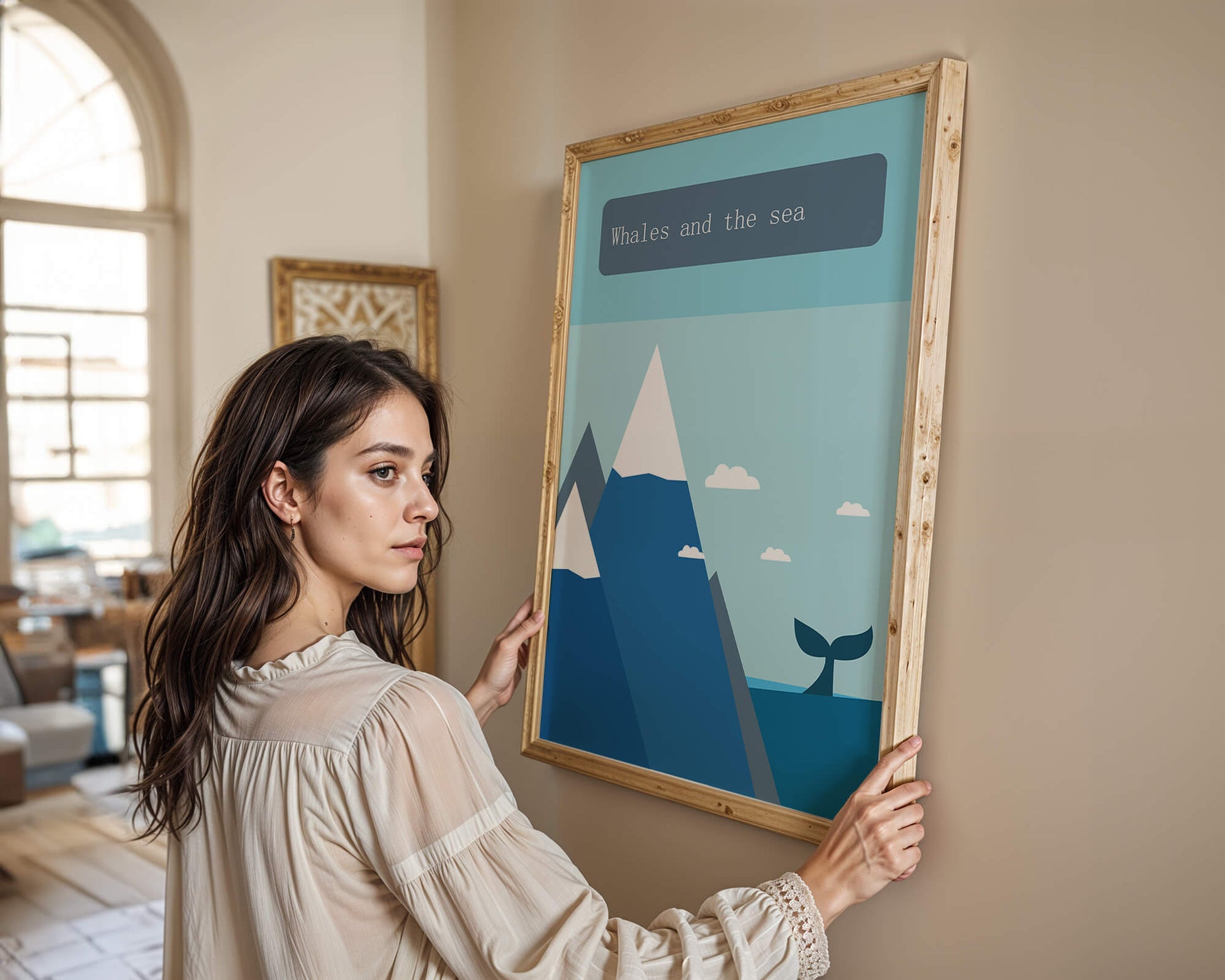 Whale and mountain illustration with sea and sky background