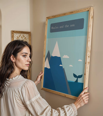 Whale and mountain illustration with sea and sky background