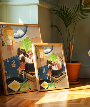 Illustration eines gemütlichen Winteressens mit Hot Pot und Zutaten