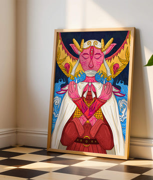 Surreal illustration of a mystical creature with golden horns and vibrant elements