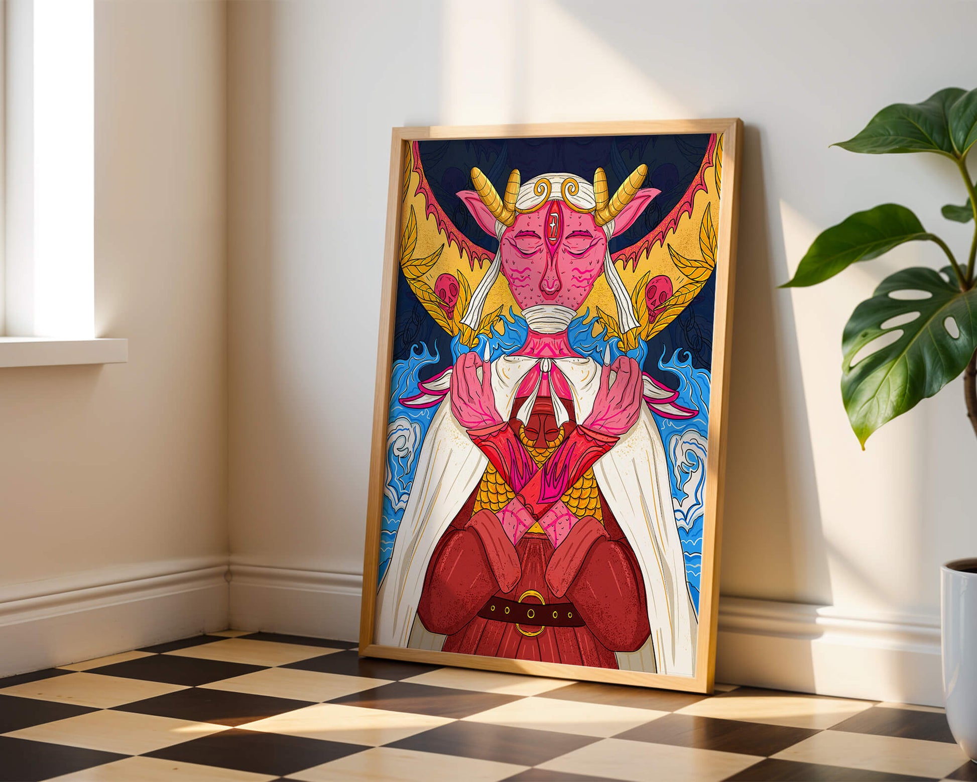 Surreal illustration of a mystical creature with golden horns and vibrant elements