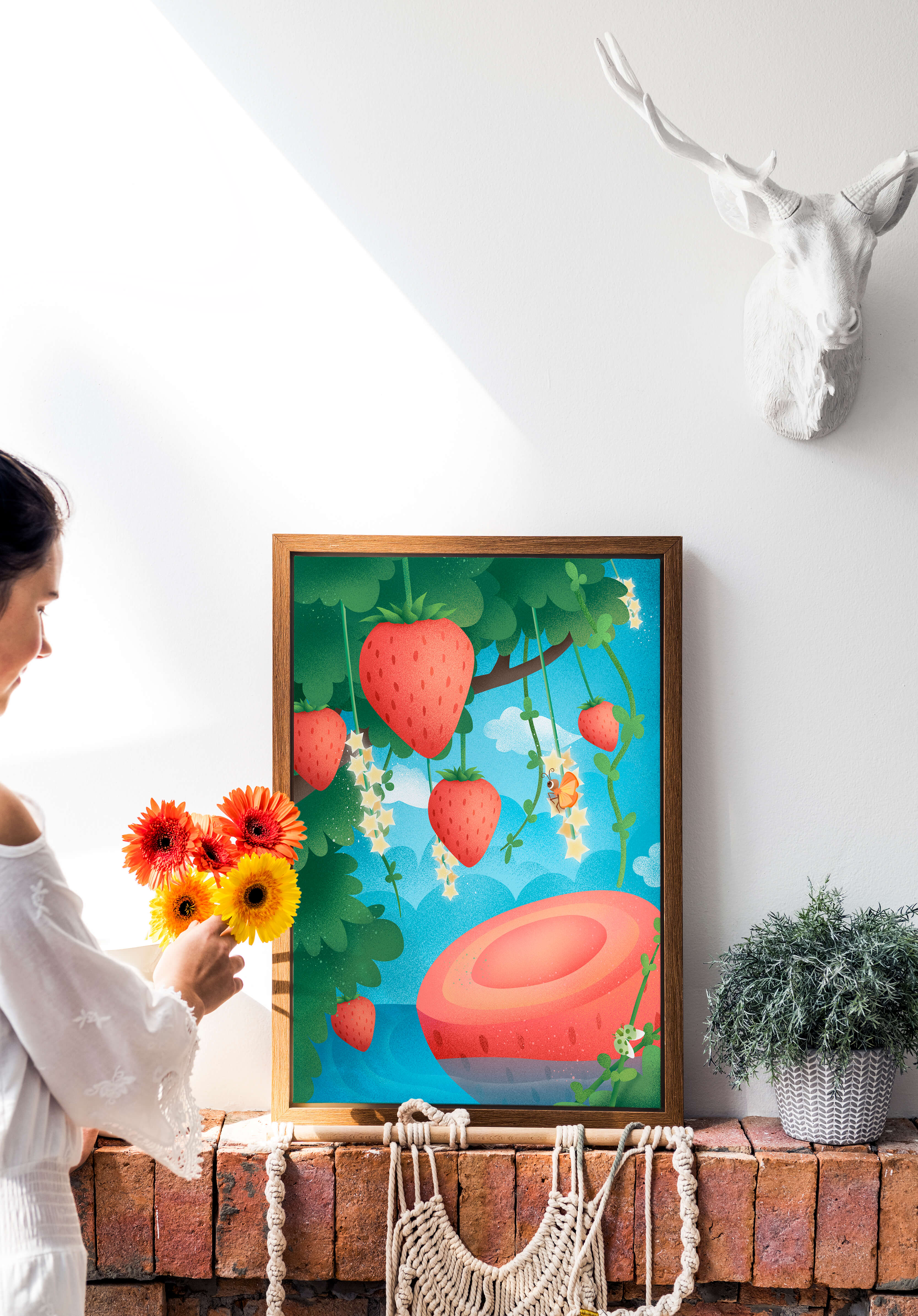Illustrated strawberries in a whimsical garden setting