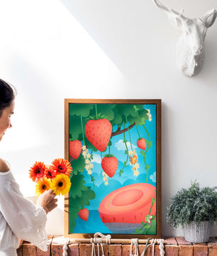 Illustrated strawberries in a whimsical garden setting