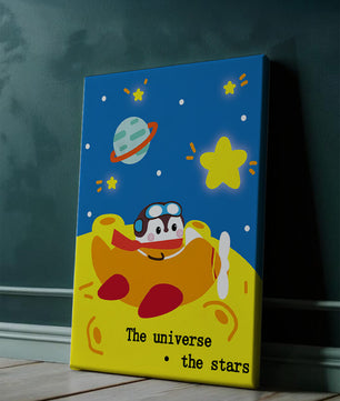 Colorful cartoon airplane with stars and planets in space