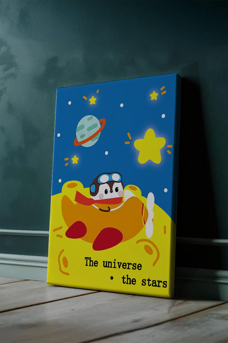 Colorful cartoon airplane with stars and planets in space