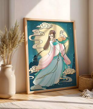 Traditional Asian-inspired artwork featuring a woman and rabbit under a moonlit sky