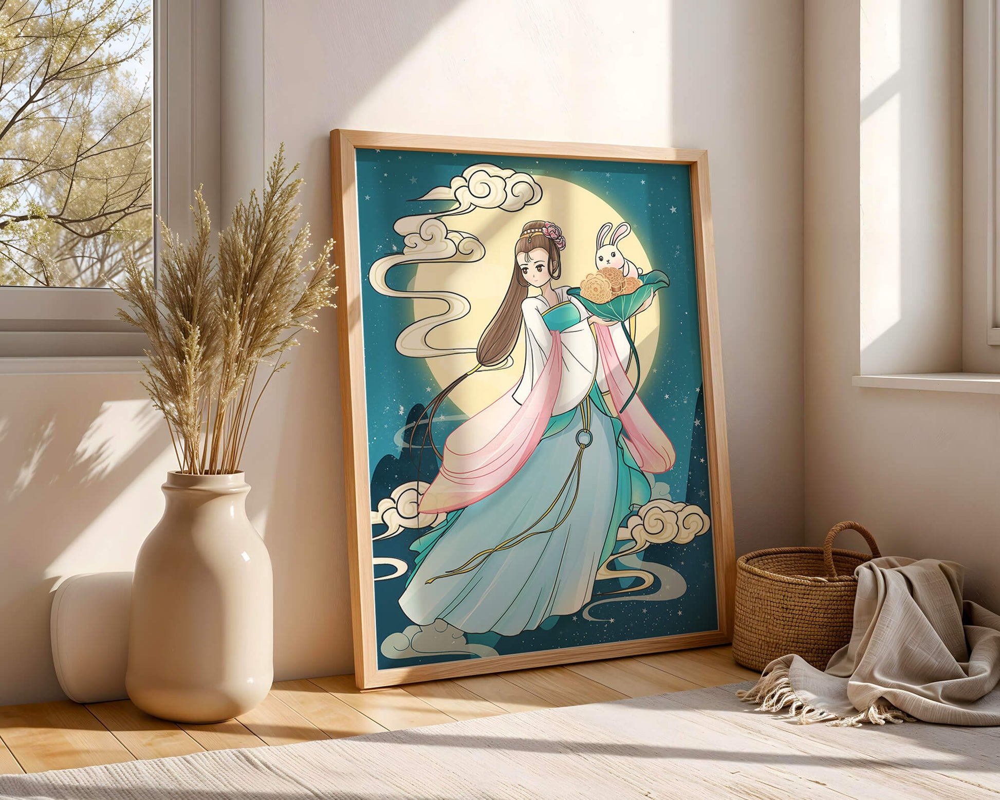 Traditional Asian-inspired artwork featuring a woman and rabbit under a moonlit sky