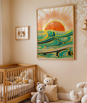Sunrise over stylized ocean waves with gold accents