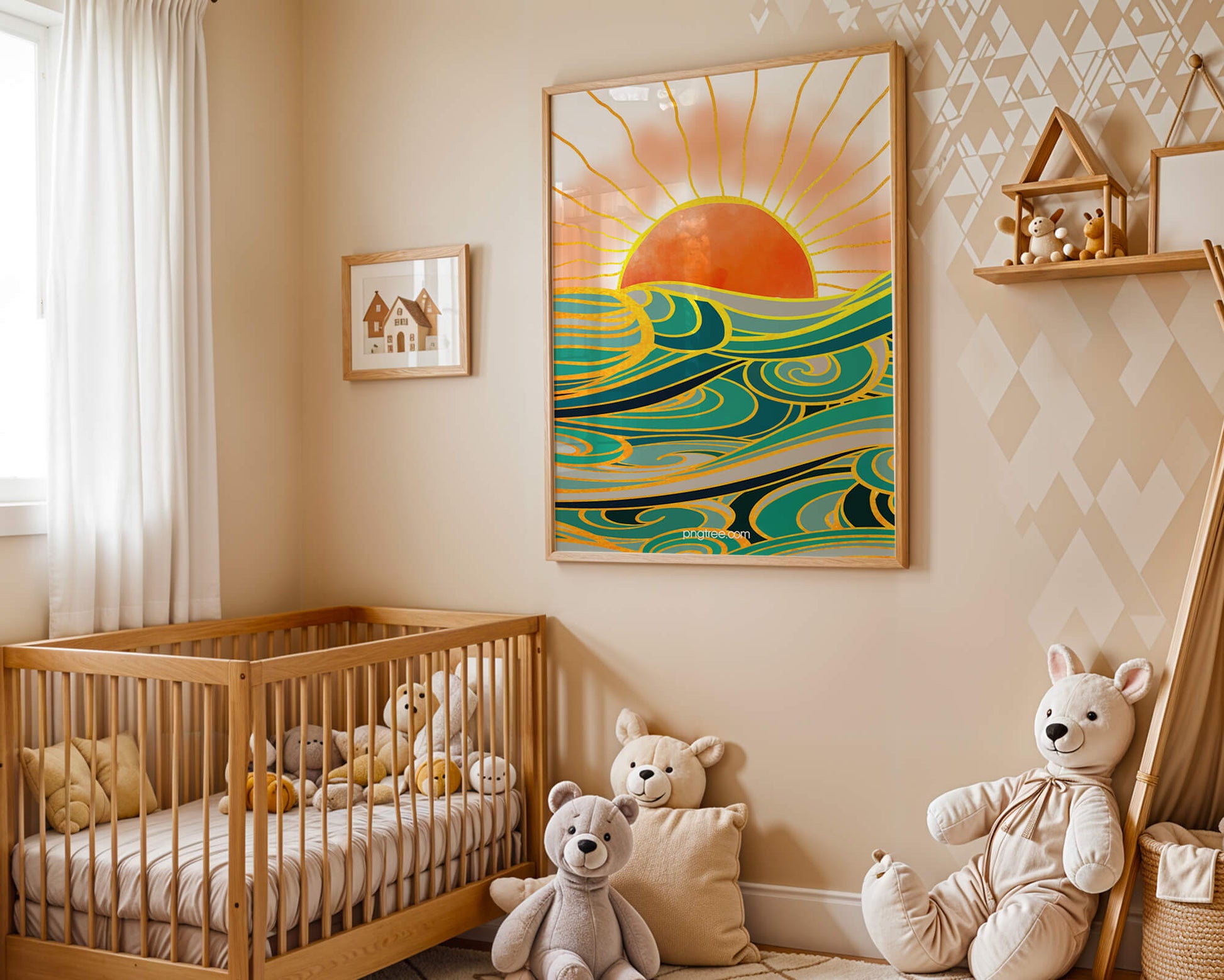 Sunrise over stylized ocean waves with gold accents