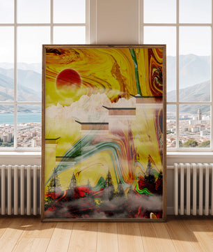 Abstract Landscape with Swirling Colors and Red Sun