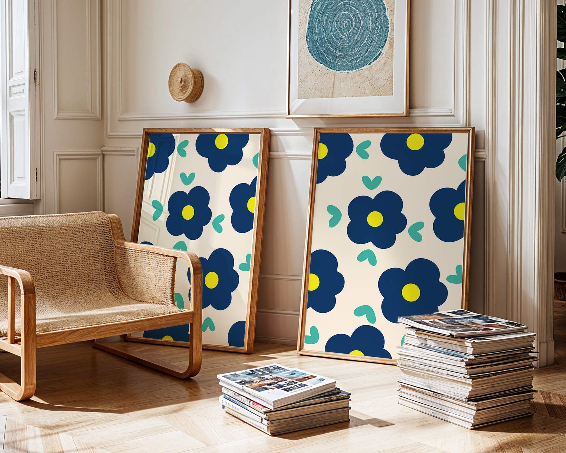 Blue floral pattern with yellow centers on cream background
